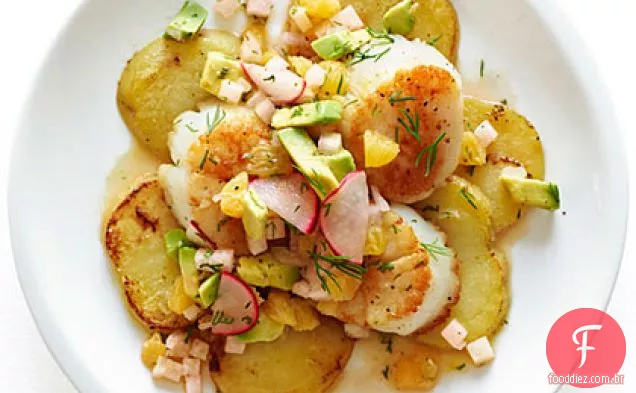 Vieiras com laranja, abacate e Jicama
