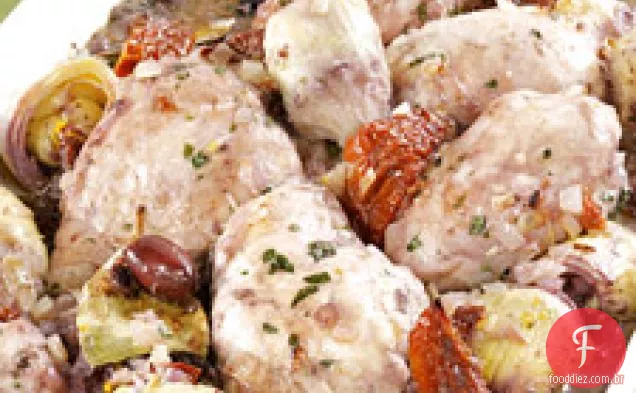 Frango Pandora com tomates secos ao sol e corações de alcachofra