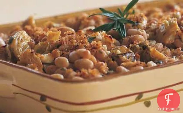 Caçarola de feijão e alcachofra marinha com queijo de cabra