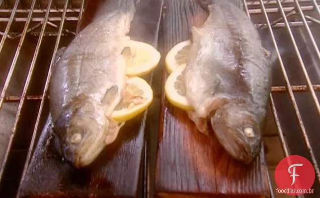 Truta arco-íris assada em uma prancha de cedro