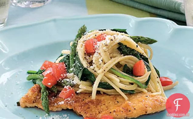 Escaloppina de frango com espinafre e Linguine