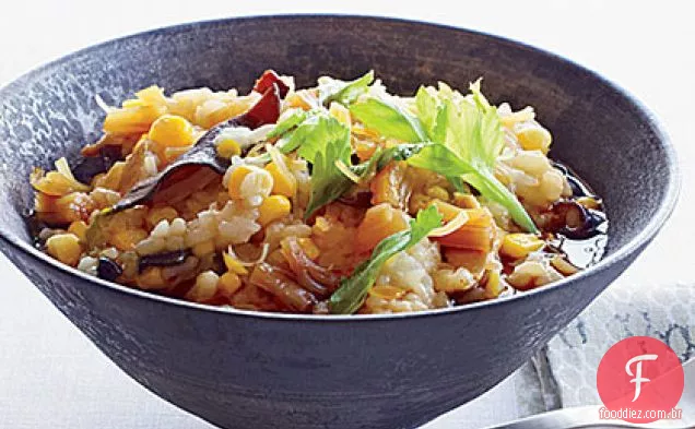 Arroz e mingau de milho doce com vieiras secas