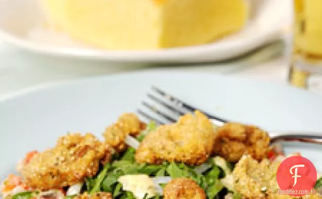 Salada de ostra com crosta de fubá e ervilha de olhos pretos com Jalapeno
