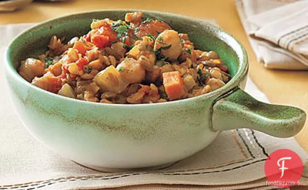 Lentilha com curry e guisado de grão de bico