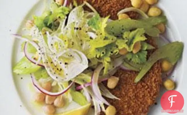 Costeletas de porco fritas no forno com Erva-Doce-Receita de Slaw de grão de bico