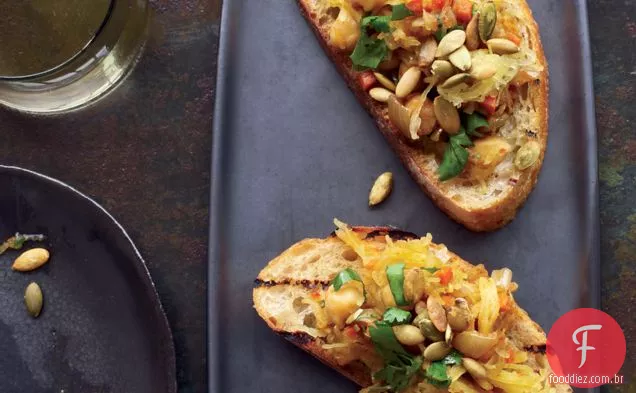 Espaguete com curry-torradas de abóbora e Grão-De-Bico