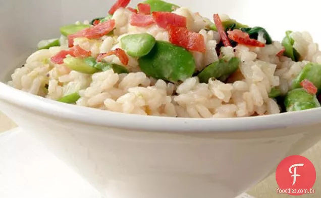 Risoto de feijão Fava com mussarela fresca e Prosciutto