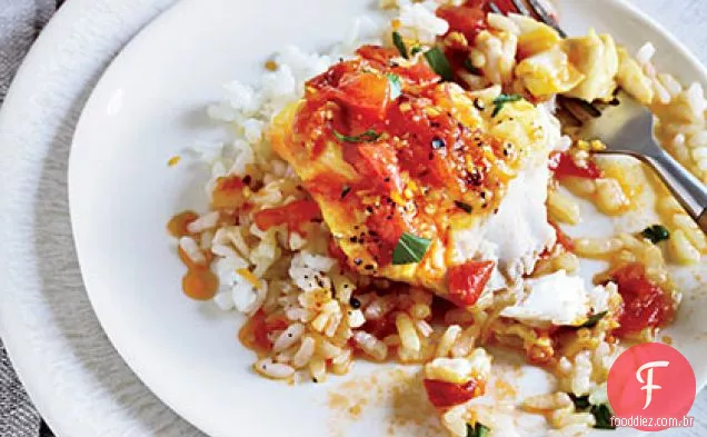 Bacalhau com molho de tomate fresco e arroz Arborio