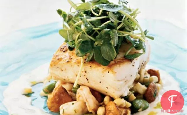 Alabote Pan-grelhado com Succotash de camarão