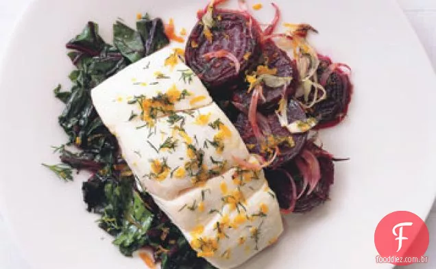 Alabote com beterraba assada, beterraba e endro-laranja Gremolata