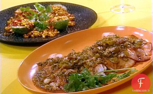 Tilápia com Tomatilos e abacate recheados com Maque Choux