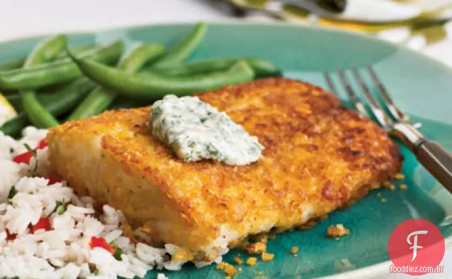 Alabote com crosta de Milho Com Chile-coentro Aioli