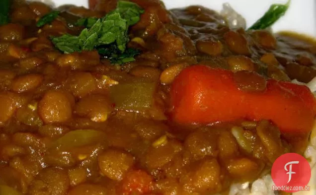 Lentilhas Curried do lento-fogão com arroz da hortelã