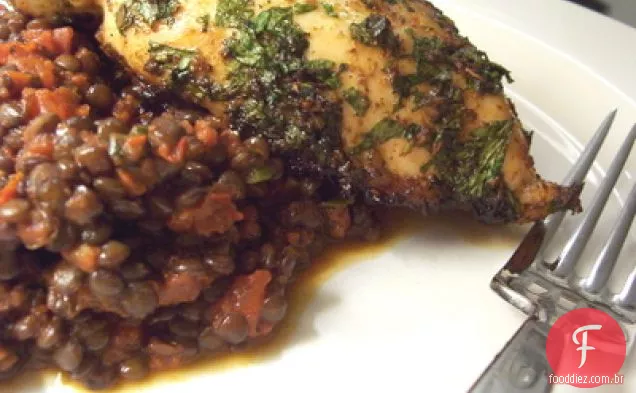 Charmoula Frango Marinado Com Lentilhas Harissa