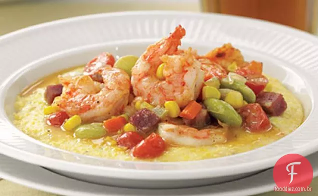 Camarão e grãos com Succotash