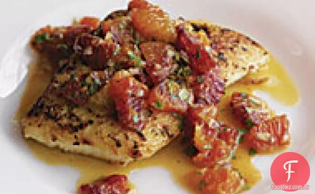 Halibut assado com molho de laranja de sangue