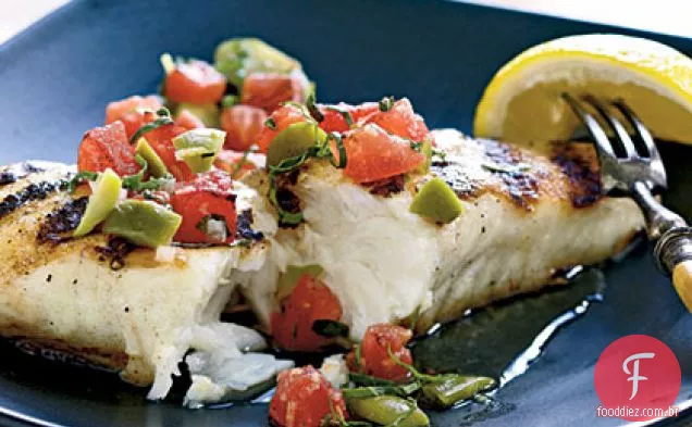 Alabote com tomate grelhado e sabor a azeitona