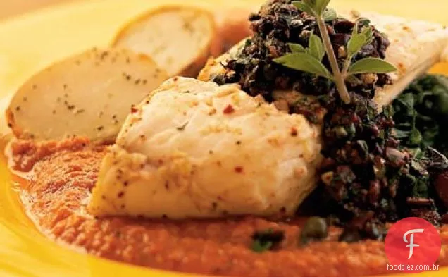 Alabote assado com molho Romesco e Sabor De Azeitona