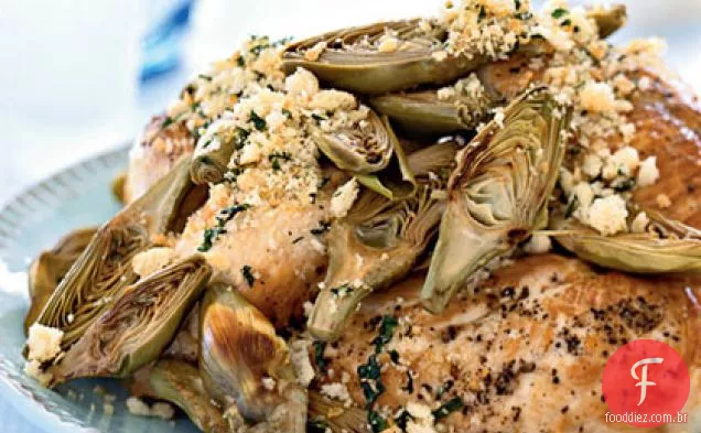 Peitos de frango assados no forno com alcachofras e Pão ralado torrado