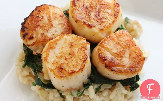 Vieiras Cozidas Sobre Espinafre Murcho E Risoto De Parmesão