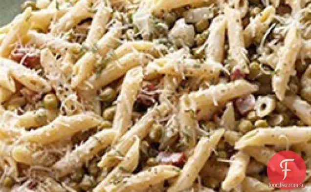 Penne com ervilhas e Pancetta