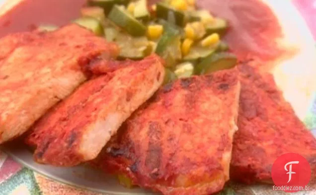 Costeletas de porco vermelhas do Chile, Cervantes estilo: Chuletas de serdo en Chile Rojo, estilo Cervantes