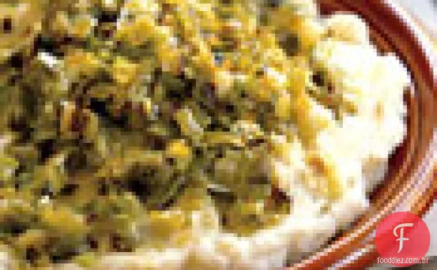Purê de batatas com alho, Mascarpone e alho-poró caramelizado