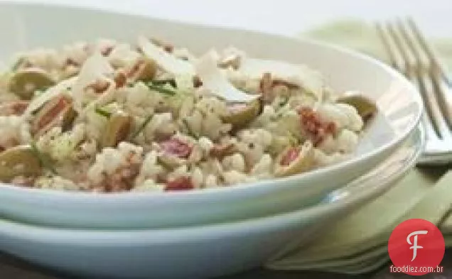 Risoto com Bacon, Alho-poró e Azeitonas Espanholas
