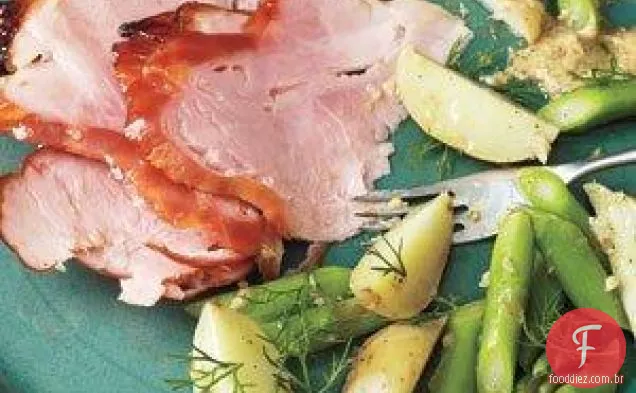 Presunto de damasco com batatas e receita de espargos
