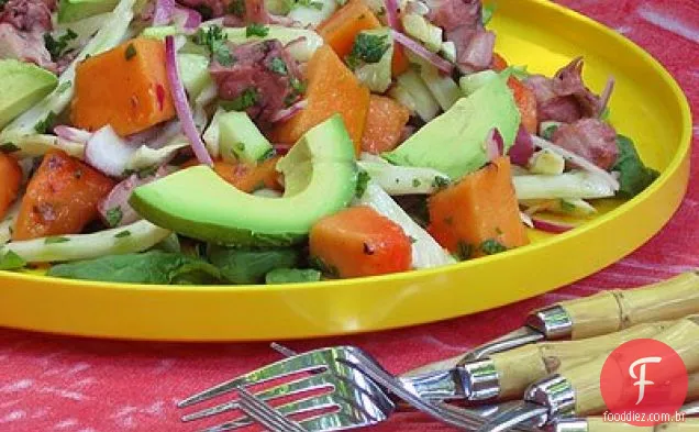 Salada Tropical De Mamão, Abacate E Pulpo