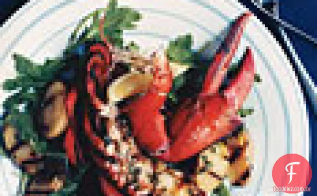 Lagosta grelhada e batatas com vinagrete de manjericão