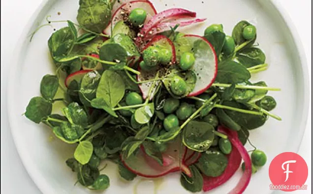 Salada Pea Shoot com rabanetes e cebola em conserva