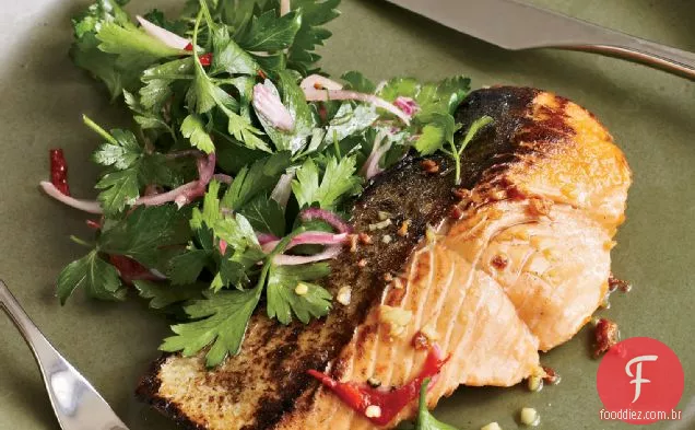Salmão com molho de Vodka e salada de salsa