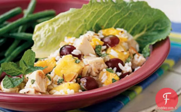 Frango, arroz e salada de frutas tropicais