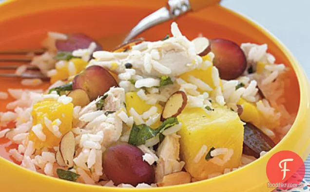 Frango, arroz e salada de frutas tropicais