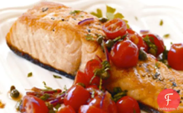 Salmão de mostarda quente com espargos com vidros Miso