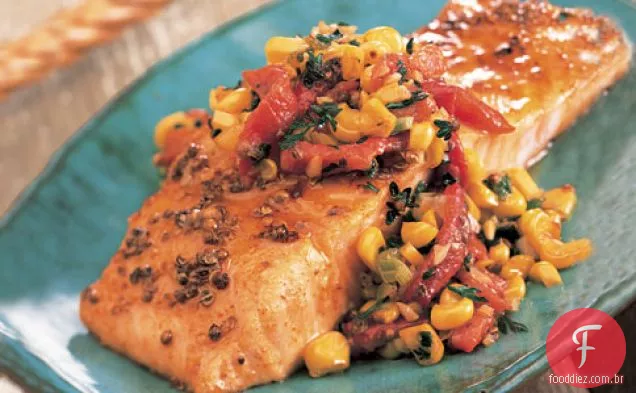 Salmão Assado Com Pimenta Vermelha e sabor de milho