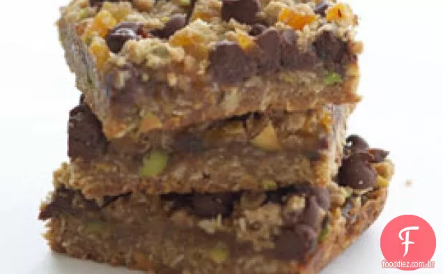 Barras de damasco, pistache e chocolate