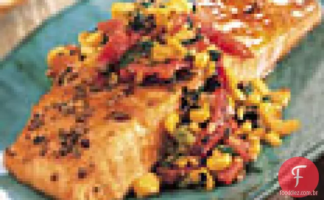 Salmão Assado Com Pimenta Vermelha e sabor de milho