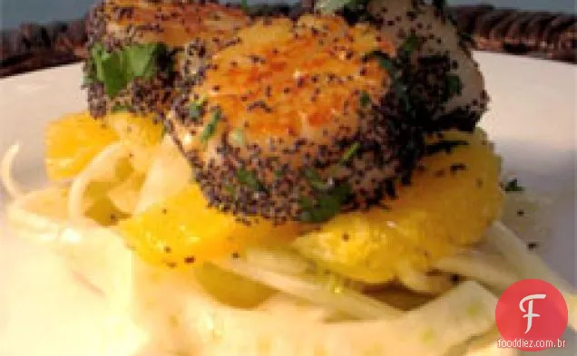 Receita preta e laranja: Vieiras do mar com crosta de papoula em Erva-Doce A