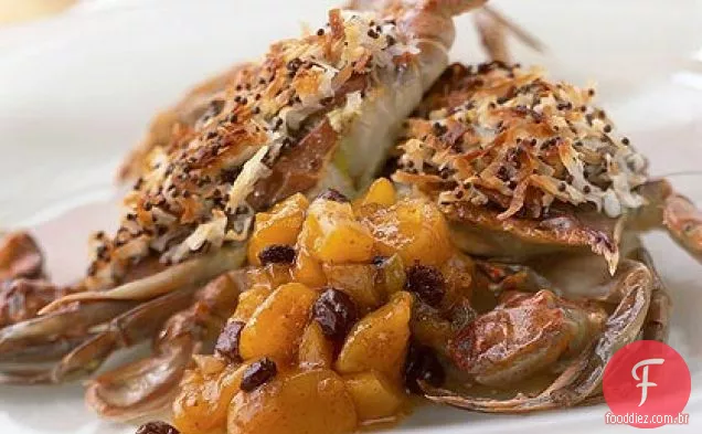 Caranguejo de Casca Mole com crosta de coco com Chutney de Manga