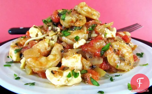 Camarão Assado Com Tomate E Queijo Feta