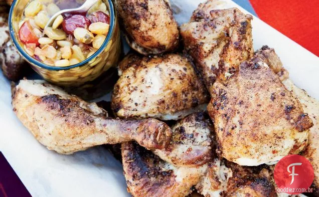 Frango assado com passas e pinhão Agrodolce