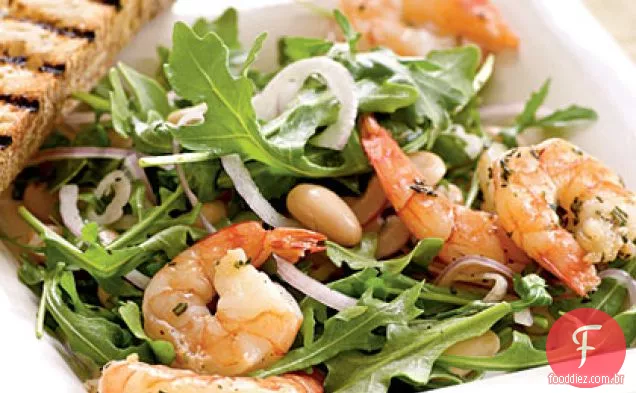 Camarão assado de alecrim com rúcula e Salada De Feijão Branco