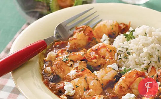 Camarão com tomate e queijo Feta