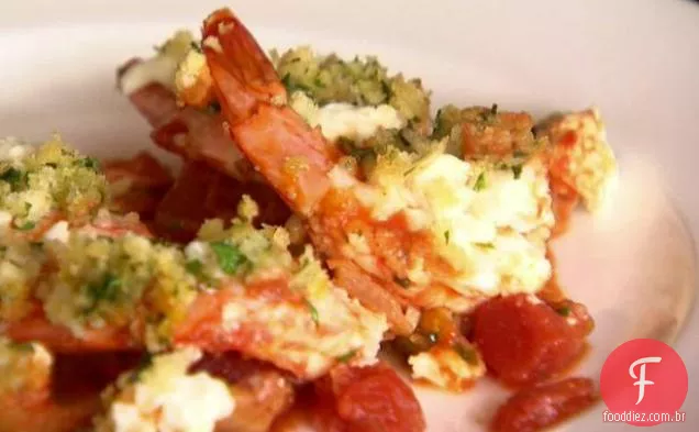 Camarão assado com queijo Feta