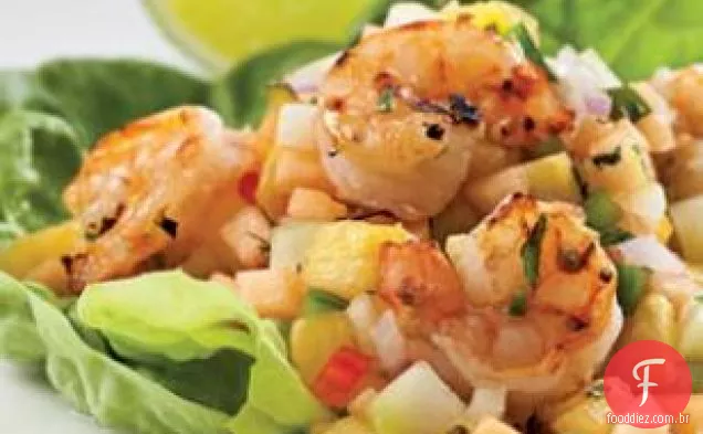 Camarão grelhado com melão e Salsa de abacaxi