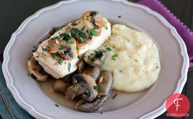 Frango assado com cogumelos e Polenta assada no forno