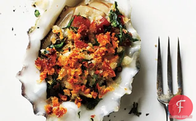Ostras assadas com Pancetta e Pão ralado