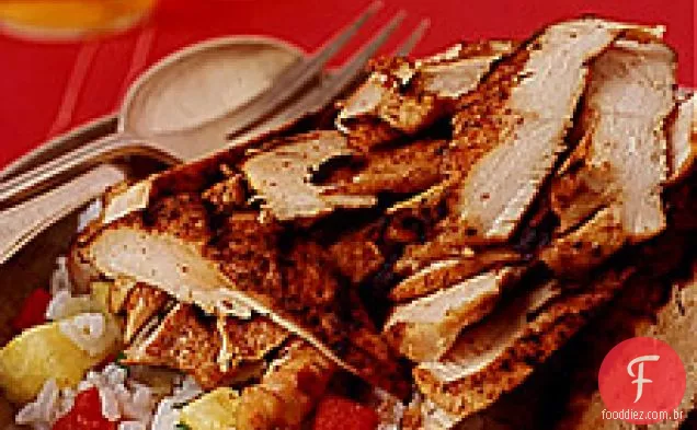 Jerk frango com abacaxi-arroz de coentro